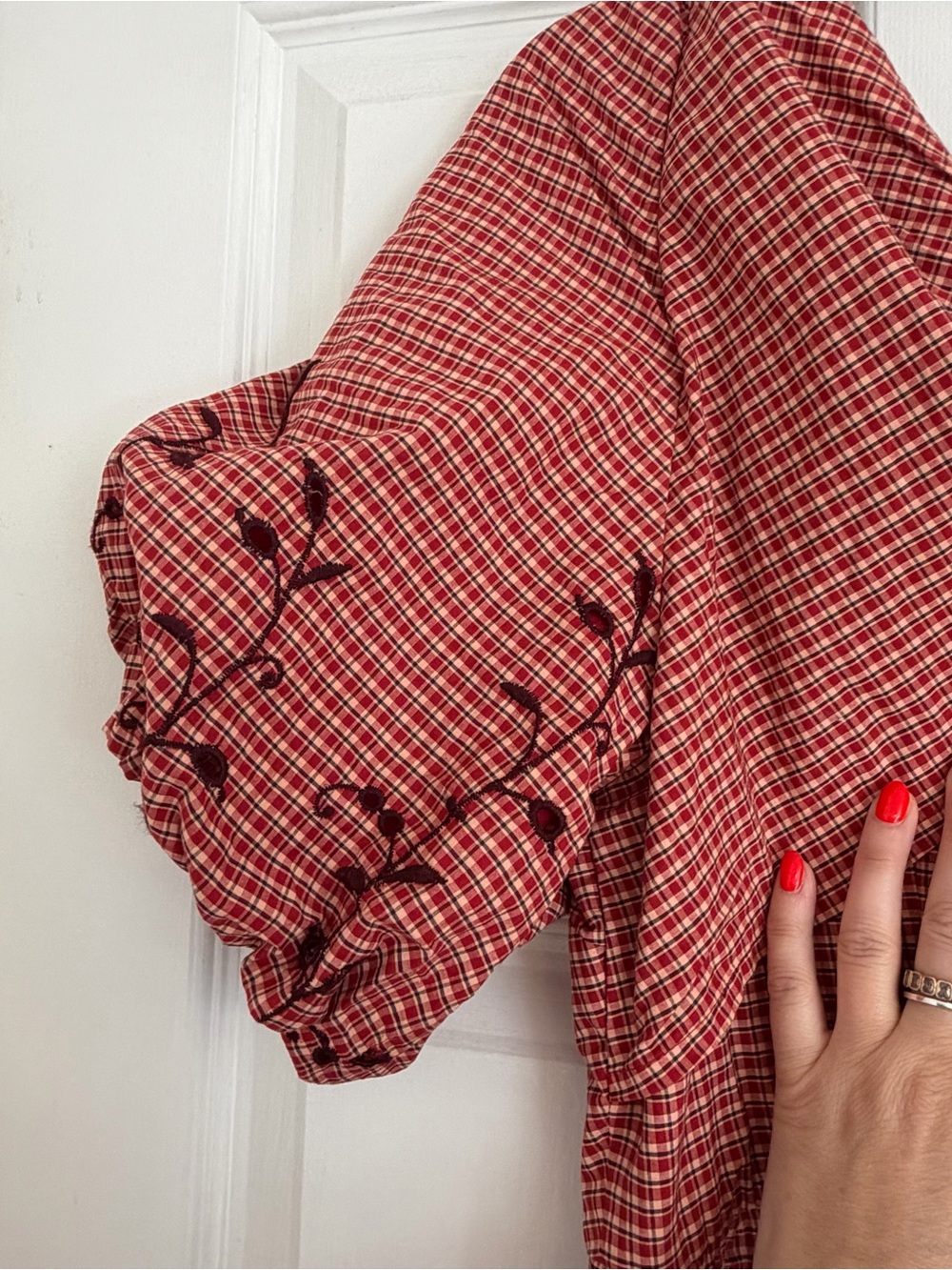 Madewell NWOT Red Gingham Embroidered Puff Sleeve Bow Back Midi Dress Size 10 - Picture 8 of 10